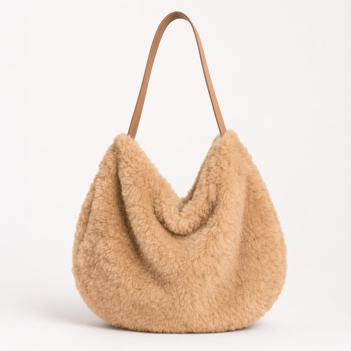 Loxley Lane faux teddy fur slouch bag in Caramel
