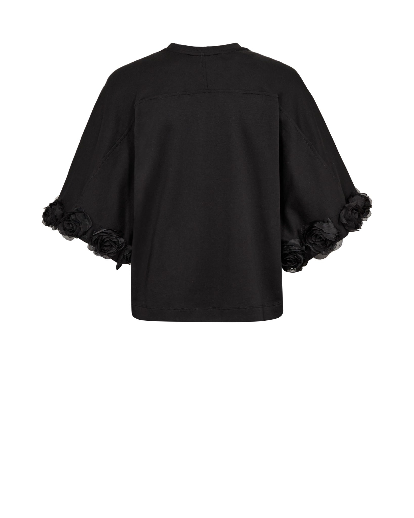 Mos Mosh Rosette O-SS Tee in black, back view showing rose-trimmed wide sleeves