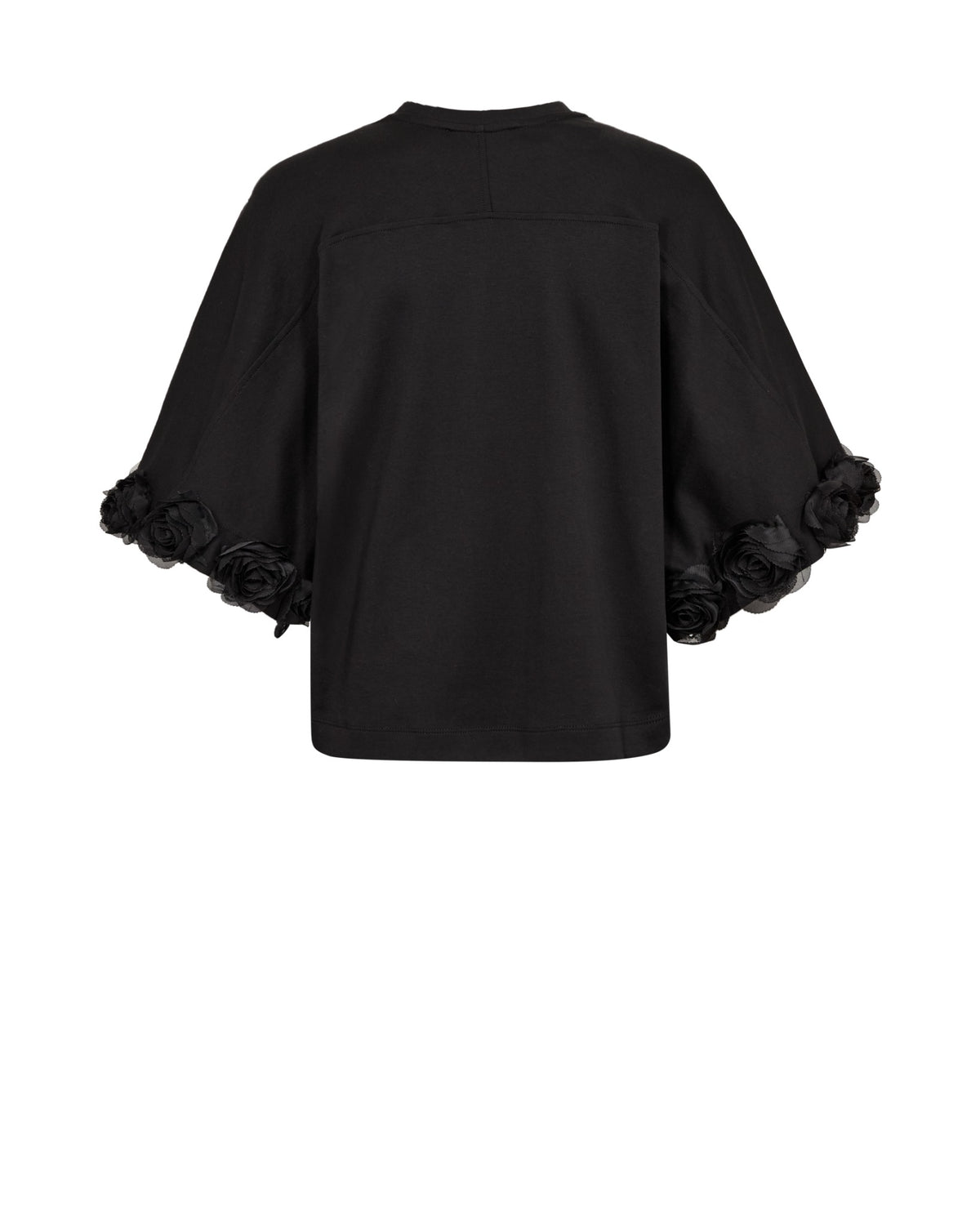 Mos Mosh Rosette O-SS Tee in black, back view showing rose-trimmed wide sleeves