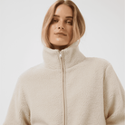 Part Two Catharina Fleece Jacket in Oatmeal, close-up front view on model