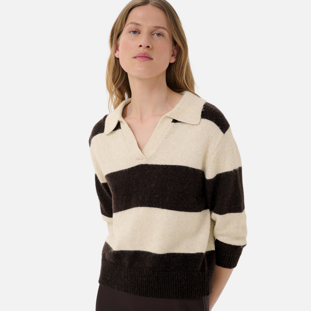 Part Two Charlott Pullover in Whitecap Grey and Mole Stripe – close-up styled front view