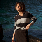 Part Two Charlott Pullover in Whitecap Grey and Mole Stripe – lifestyle styled view by the water