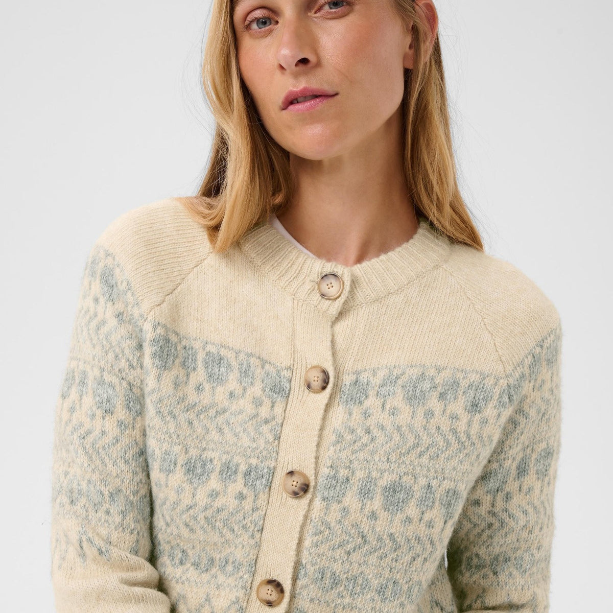 Part Two Charmaine Cardigan in Whitecap Grey Melange – close-up styled front view