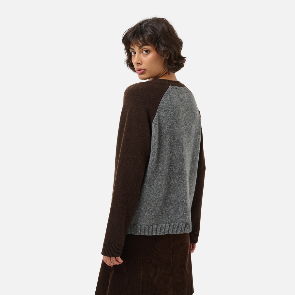 Part Two Cleo Pullover in Grey and Mole colourblock, back view on model