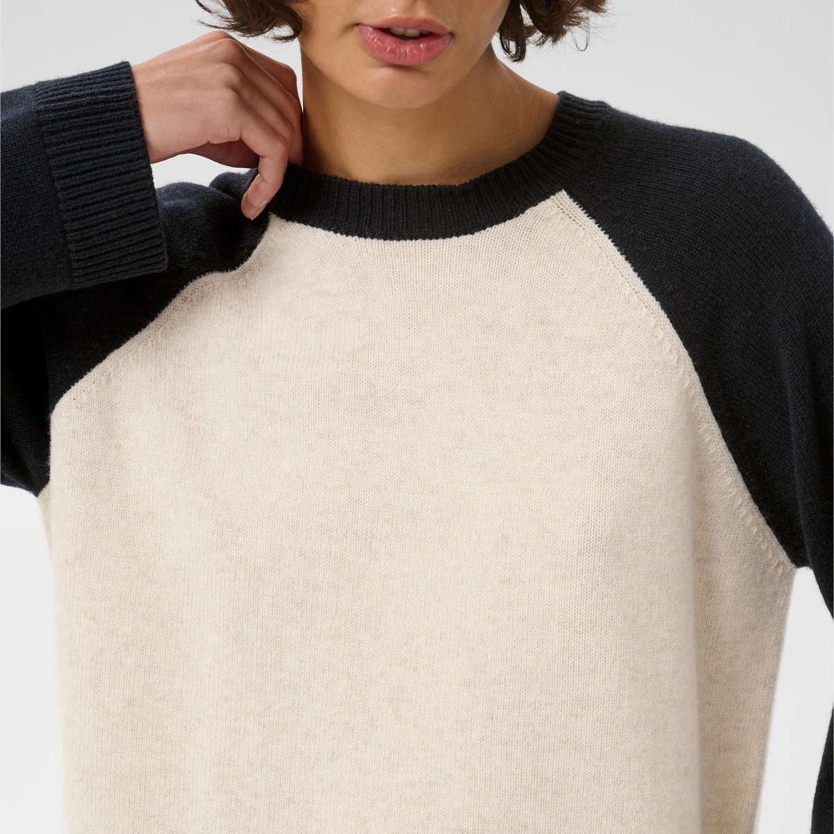 Part Two Cleo Pullover in Oatmeal and Navy colourblock, knit detail
