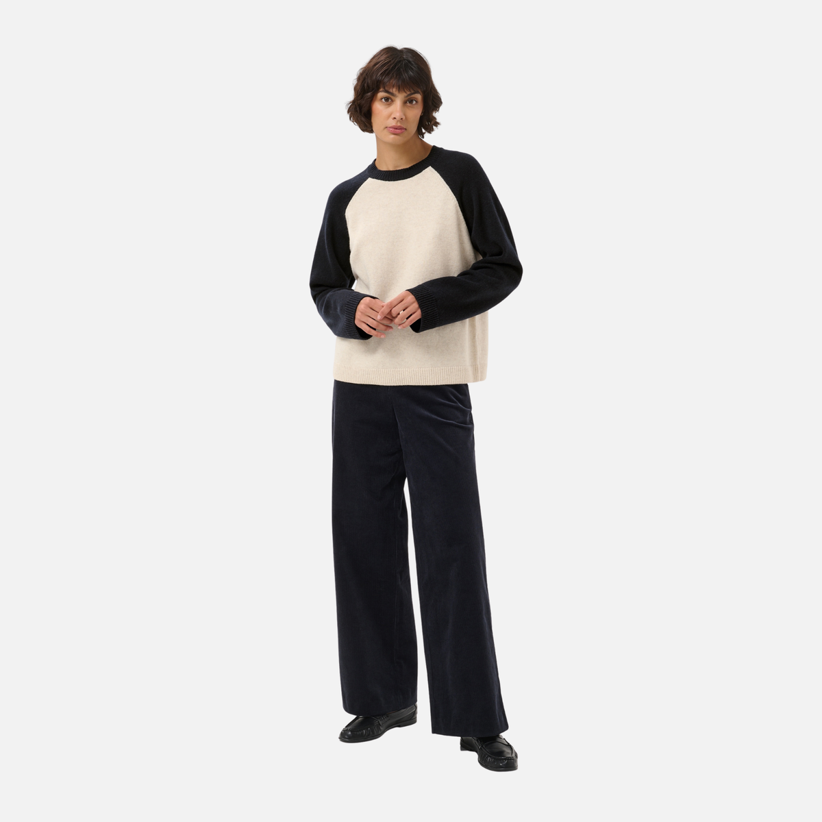 Part Two Cleo Pullover in Oatmeal and Navy colourblock styled with navy trousers
