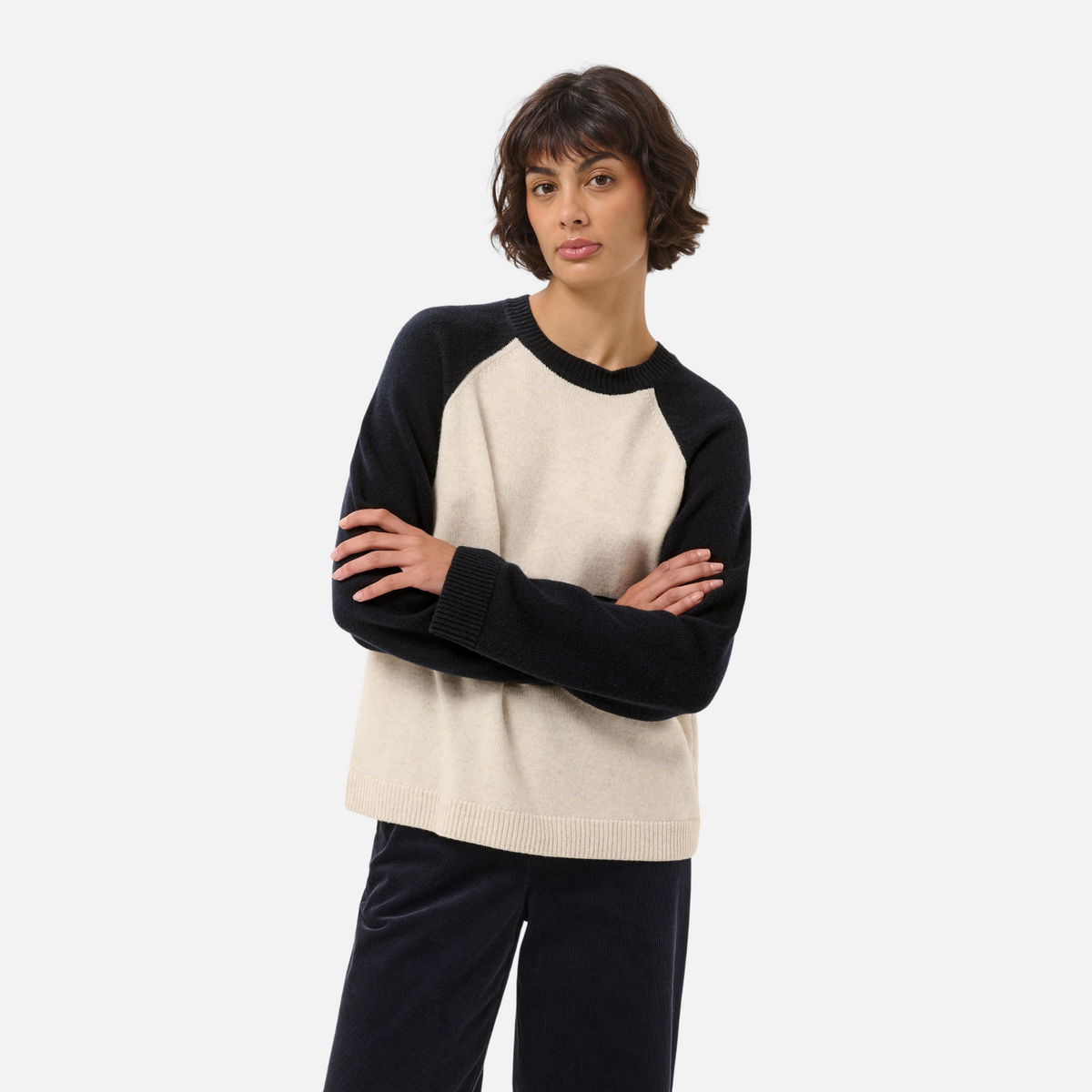 Part Two Cleo Pullover in Oatmeal and Navy colourblock on model