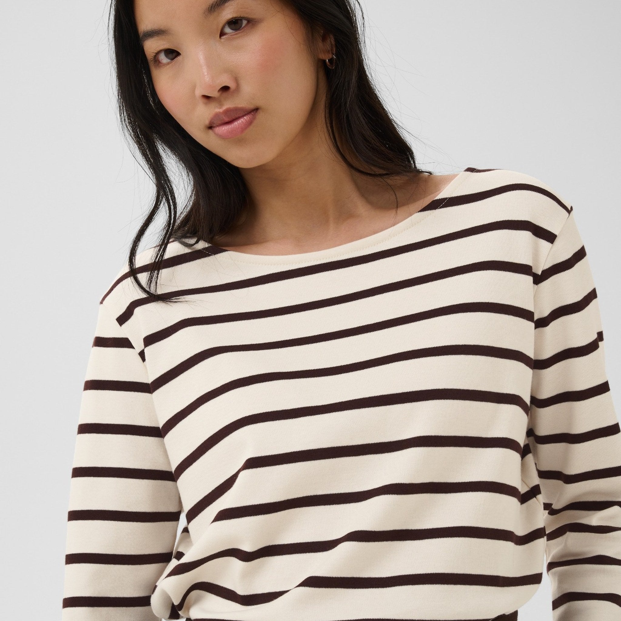 Part Two Nela 3/4 Sleeve T-Shirt in Mole Stripe – styled front view