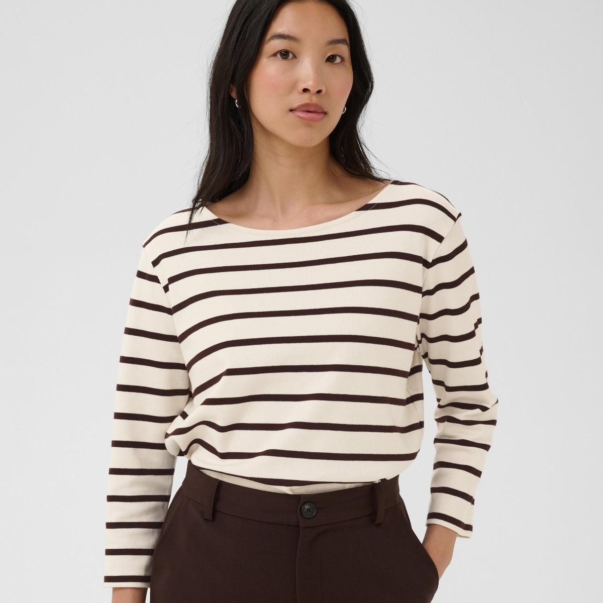 Part Two Nela 3/4 Sleeve T-Shirt in Mole Stripe – relaxed styled view