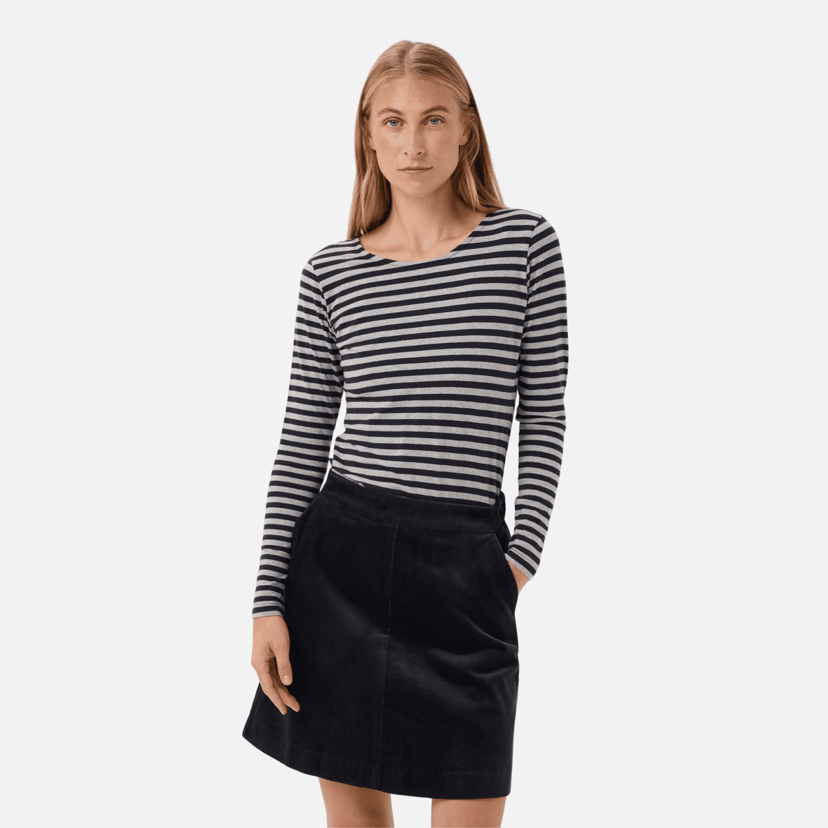 Part Two Nemajas Long Sleeve T-Shirt in Dark Navy Stripe – styled front view