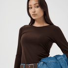 Part Two Nemajas Long Sleeve T-Shirt in Mole Brown – close-up styled front view