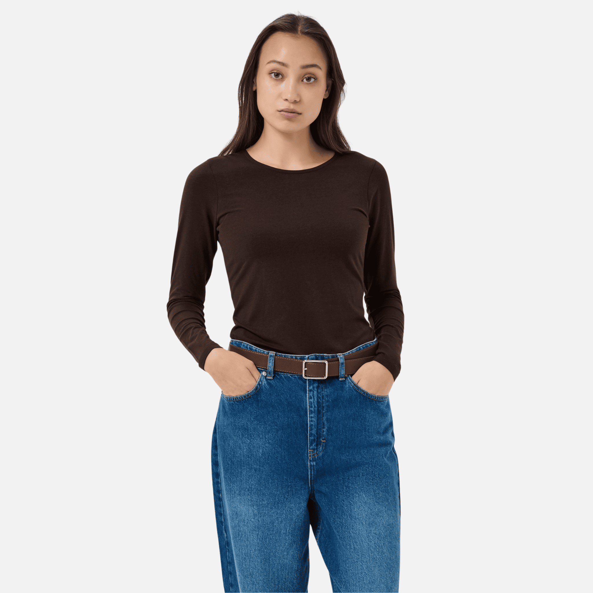 Part Two Nemajas Long Sleeve T-Shirt in Mole Brown – shoulder and fabric detail