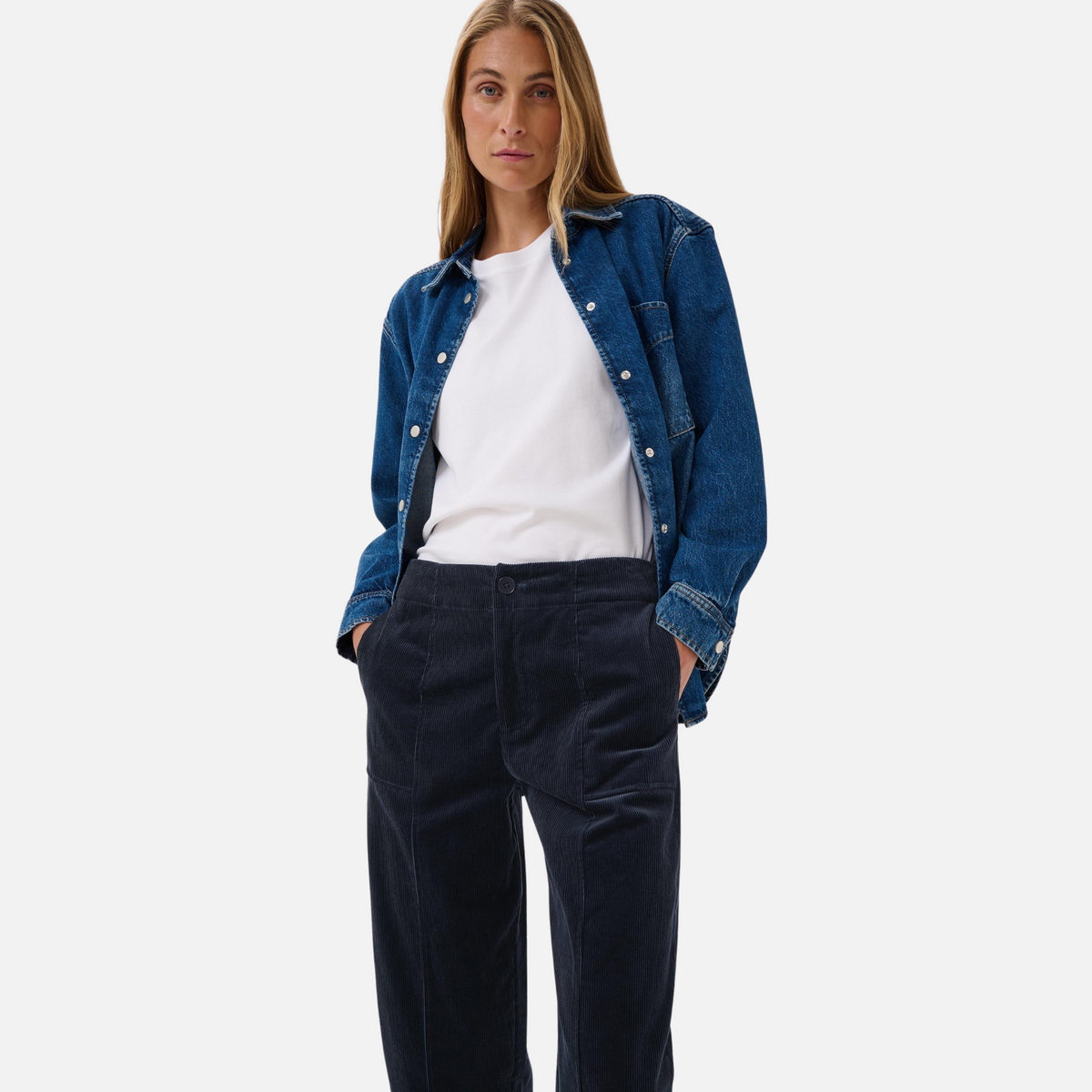 Part Two Netta Corduroy Trousers in Dark Navy – styled look with denim jacket