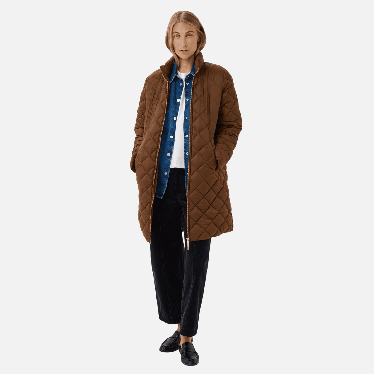 Part Two Olilana Padded Coat in Downtown Brown, front view on model
