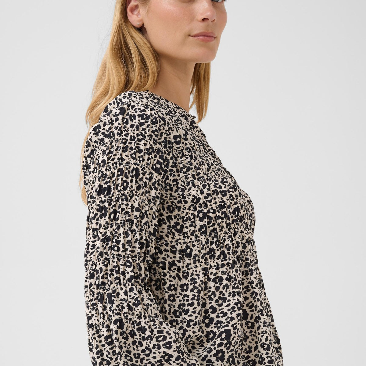 Part Two Siffe Blouse in Dark Navy Flower Spots – side styled view