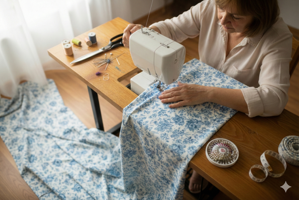 Woman using a sewing machine with fabric on a wooden table.