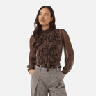 Saint Tropez Lilja Crinkle Long Sleeve Blouse in Chocolate Brown - front view