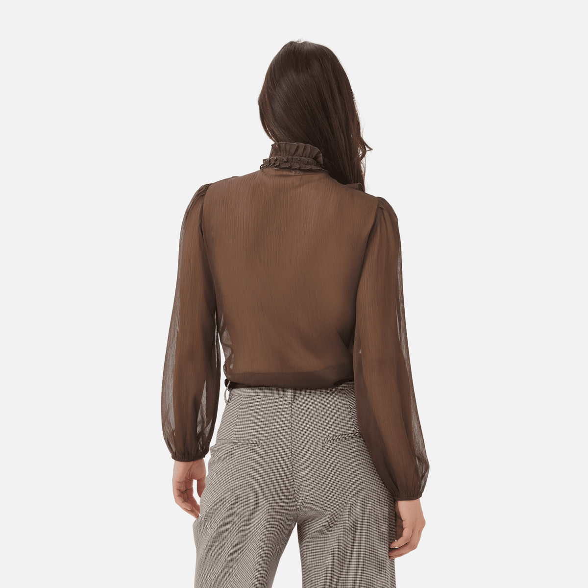 Saint Tropez Lilja Crinkle Long Sleeve Blouse in Chocolate Brown - back view
