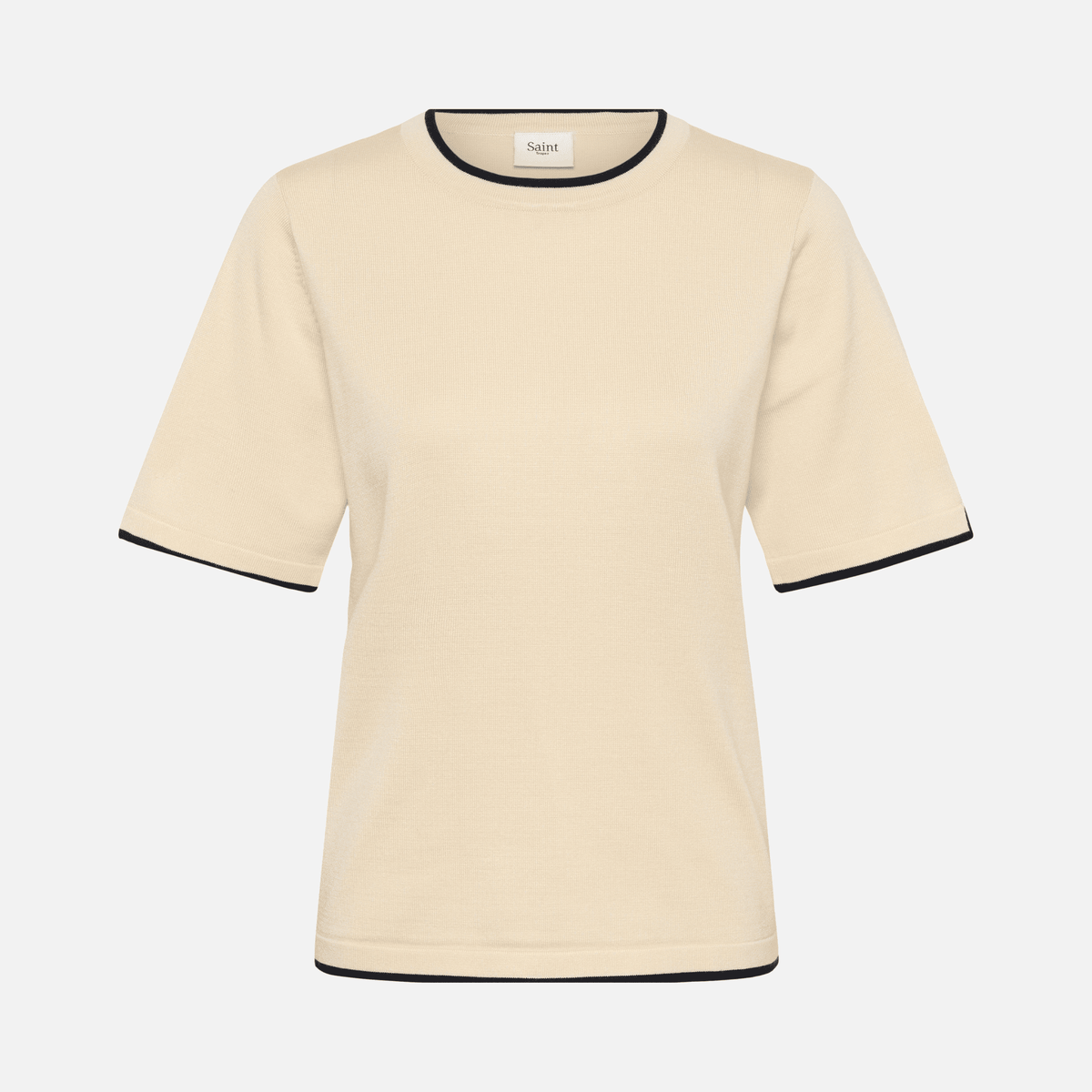 Saint Tropez Mila Contrast Stripe Short Sleeve Pullover in Birch & Nightsky