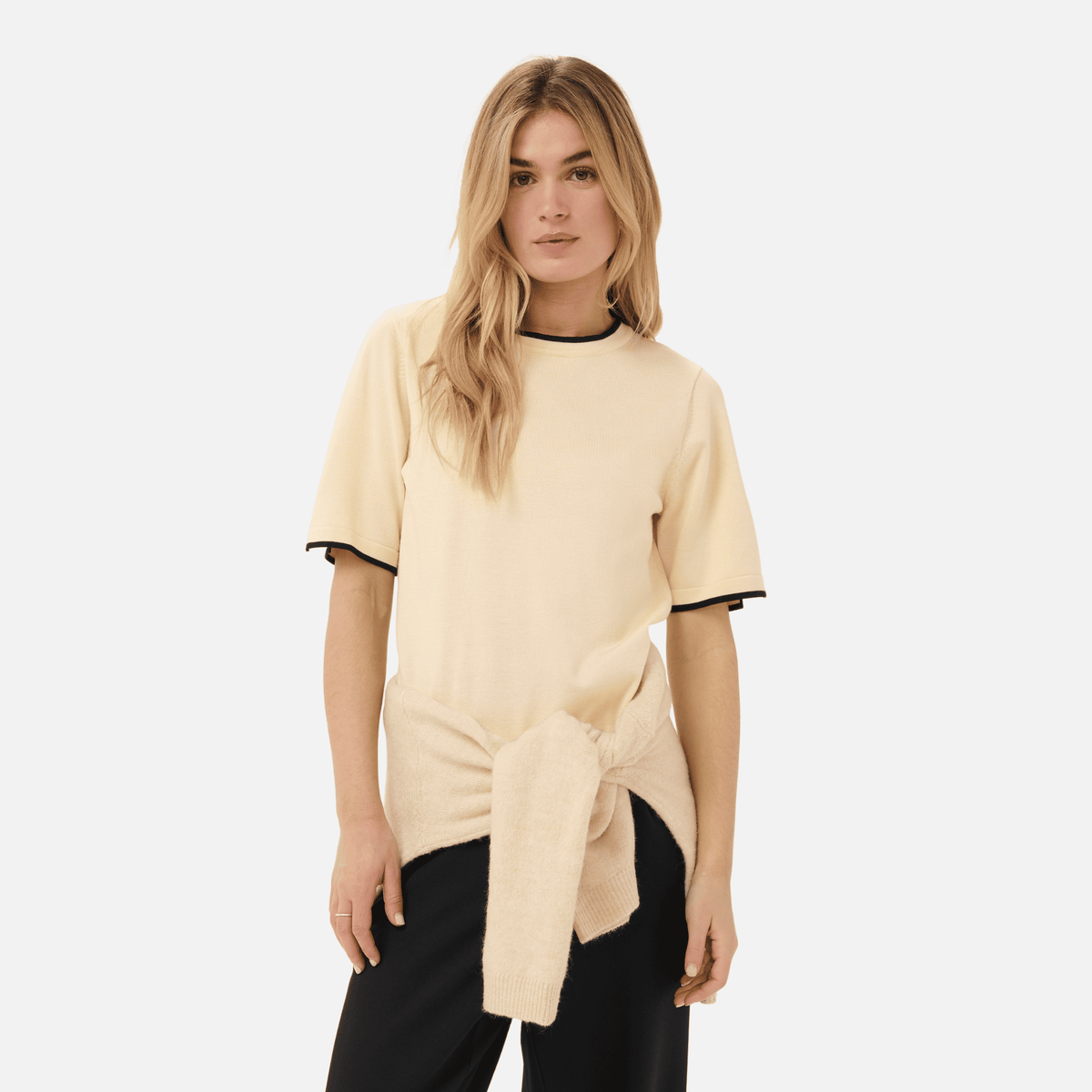 Saint Tropez Mila Contrast Stripe Short Sleeve Pullover in Birch & Nightsky