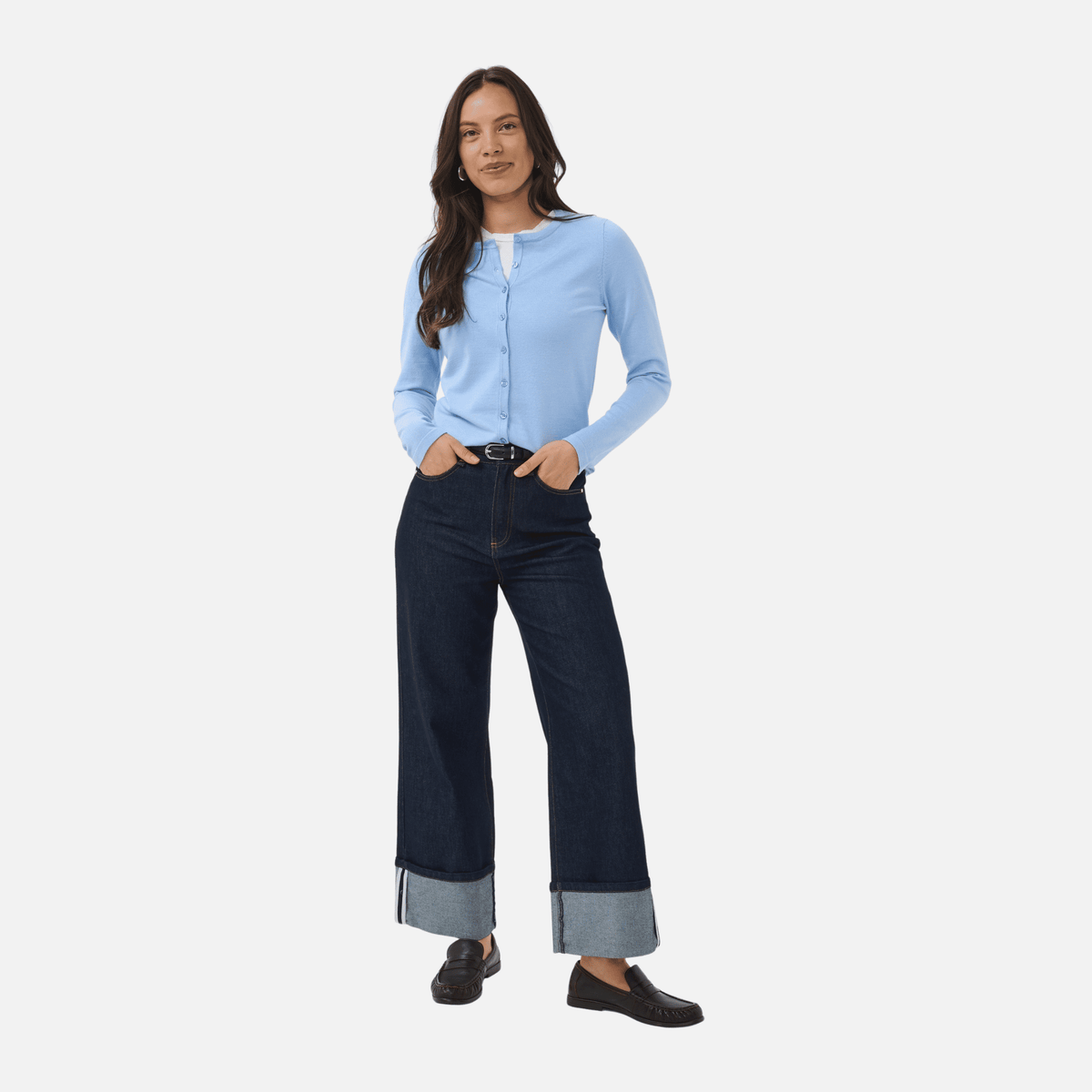 Saint Tropez Mila Round Neck Cardigan in Serenity Blue - styled full-length view