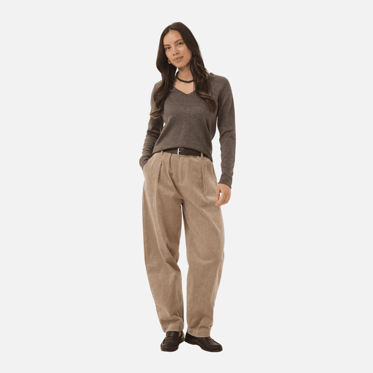 Saint Tropez Mila V Neck Sweater in Mink Melange - styled full-length view