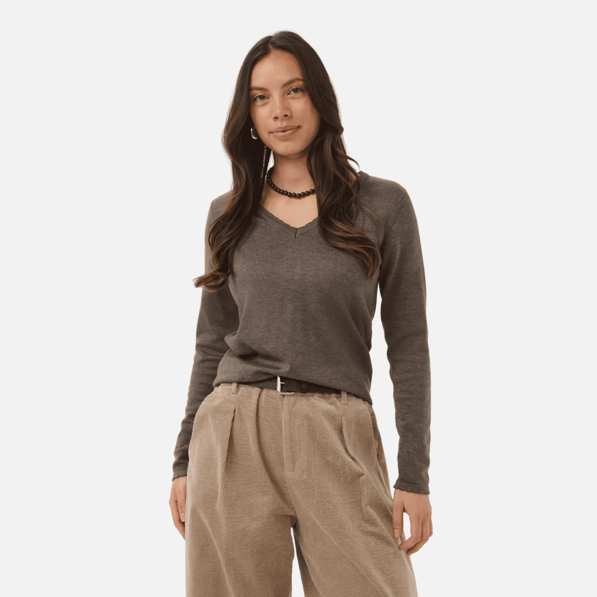 Saint Tropez Mila V Neck Sweater in Mink Melange - front view