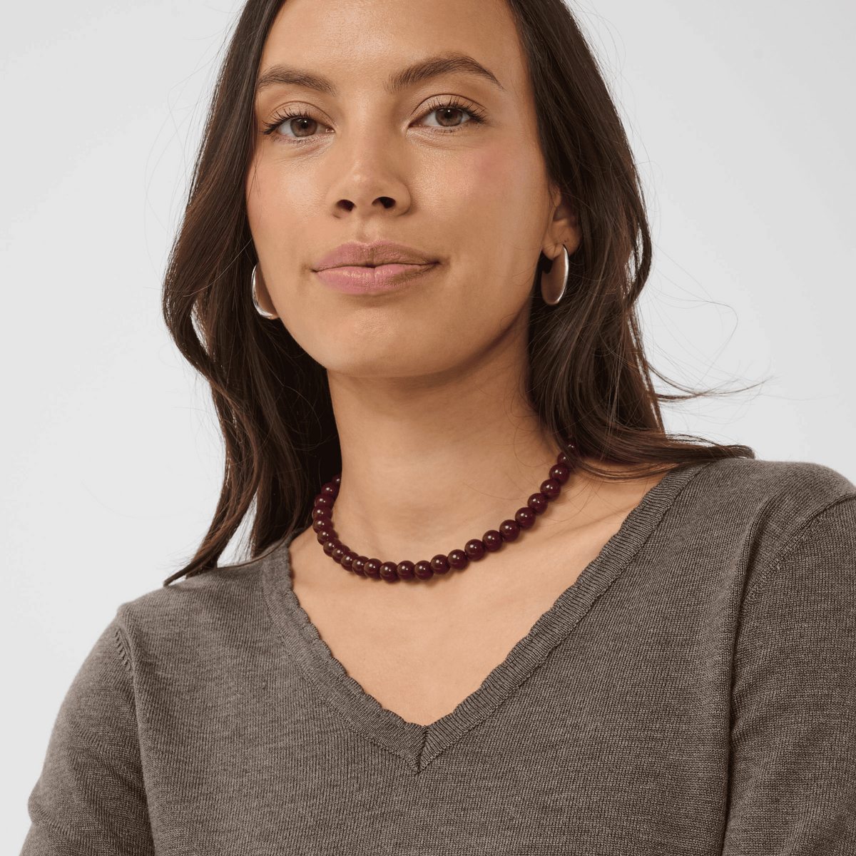 Saint Tropez Mila V Neck Sweater in Mink Melange - neckline detail