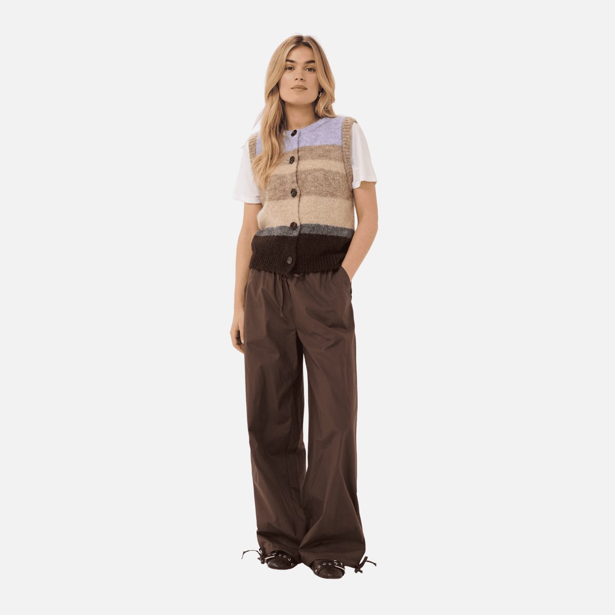 Saint Tropez Seraphina Knitted Vest in Chocolate Lilac Stripe