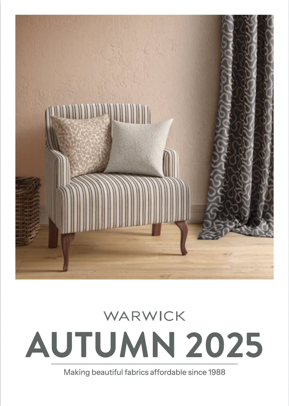 A catalog cover for Warwick Autumn 2025 featuring a styled armchair with striped upholstery and two pillows, alongside a patterned curtain, with the text 'WARWICK AUTUMN 2025' below.