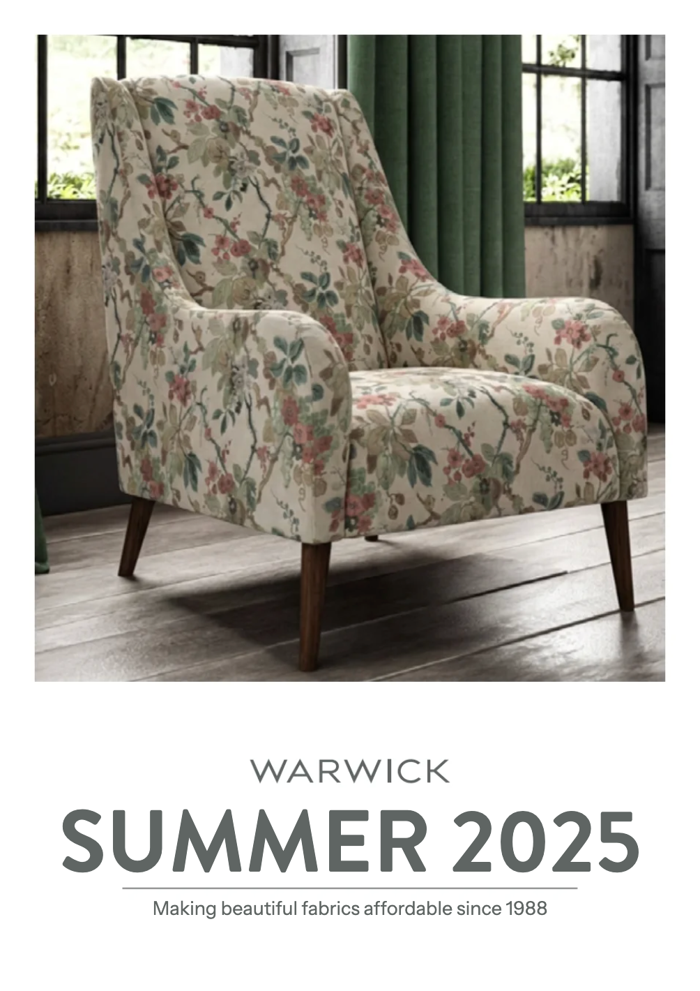 A tall upholstered armchair with a floral vine pattern in beige, green, and muted pink, shown in a room setting with wood floors and windows. Below the photo is text reading 'WARWICK SUMMER 2025' with a smaller tagline.
