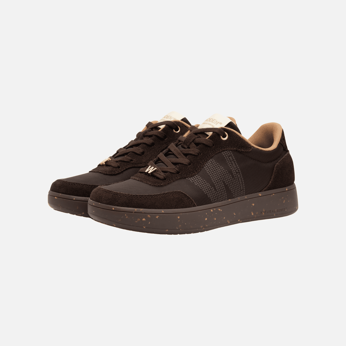Woden Line Trainer Chocolate pair front three-quarter view